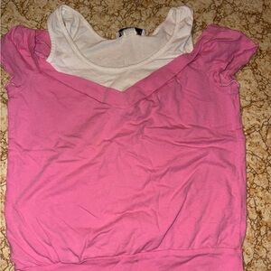Vintage Y2K Top Off The Shoulder 2000s T Shirt Pink White Self Esteem Small